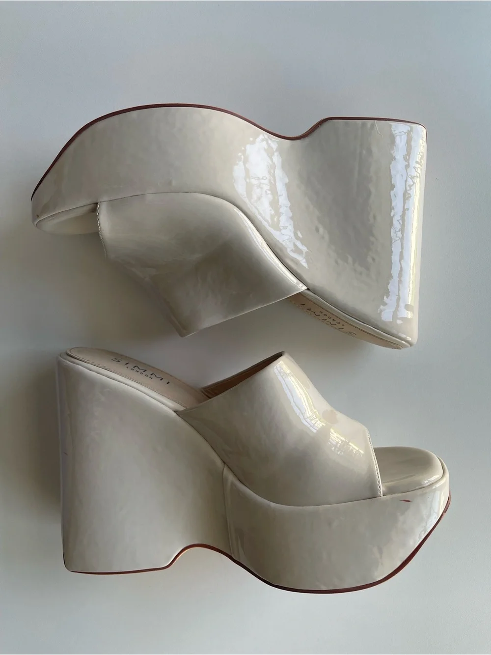Patent Cream Platform Wedge Mules